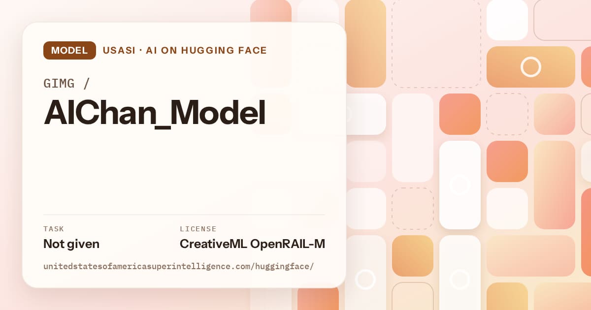 Generated orange tile-mosaic artwork for the model GIMG/AIChan_Model, labeled USASI · AI on Hugging Face, with Task: Not given · License: CreativeML OpenRAIL-M.