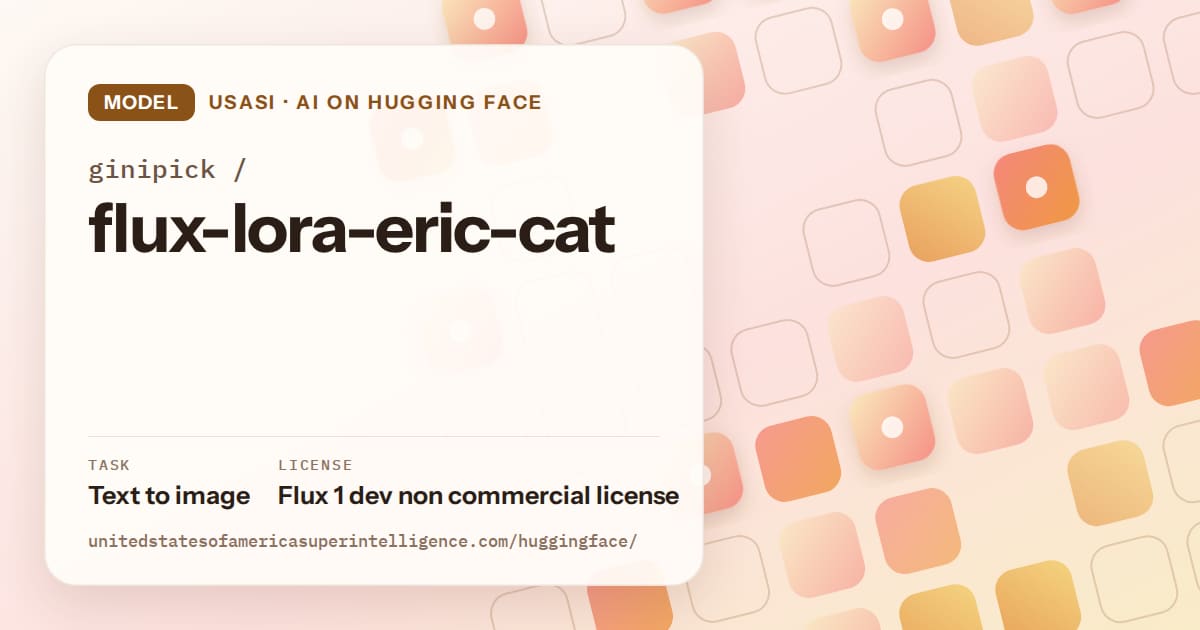 Generated orange rounded-tile grid artwork for the model ginipick/flux-lora-eric-cat, labeled USASI · AI on Hugging Face, with Task: Text to image · License: Flux 1 dev non commercial license.