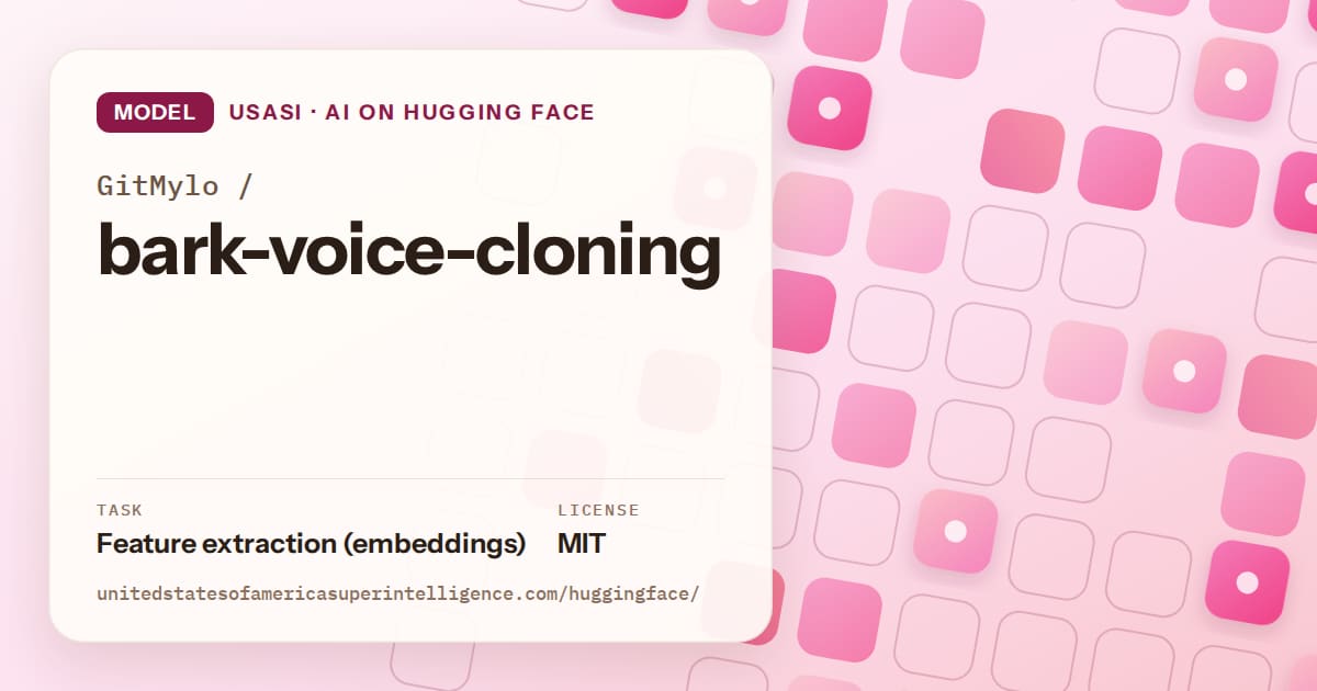 Generated rose rounded-tile grid artwork for the model GitMylo/bark-voice-cloning, labeled USASI · AI on Hugging Face, with Task: Feature extraction (embeddings) · License: MIT.