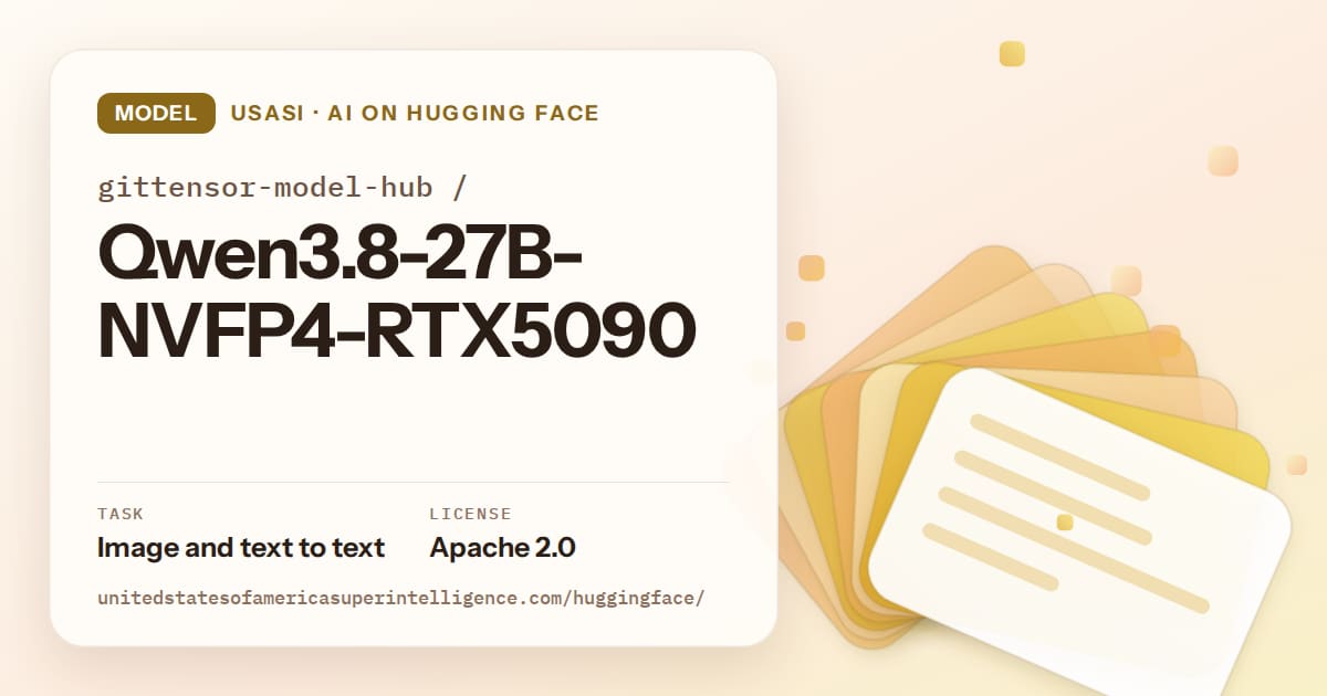 Generated amber layered-card artwork for the model gittensor-model-hub/Qwen3.8-27B-NVFP4-RTX5090, labeled USASI · AI on Hugging Face, with Task: Image and text to text · License: Apache 2.0.