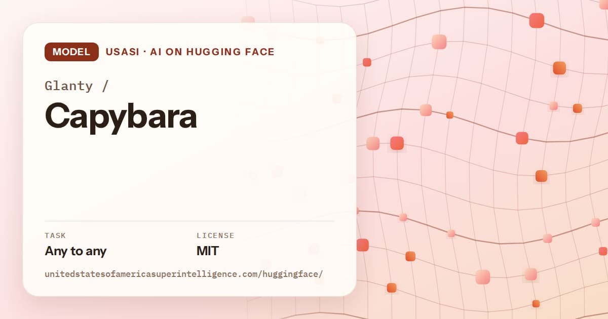 Generated tangerine wave-lattice artwork for the model Glanty/Capybara, labeled USASI · AI on Hugging Face, with Task: Any to any · License: MIT.
