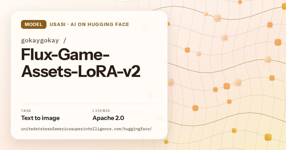 Generated amber wave-lattice artwork for the model gokaygokay/Flux-Game-Assets-LoRA-v2, labeled USASI · AI on Hugging Face, with Task: Text to image · License: Apache 2.0.
