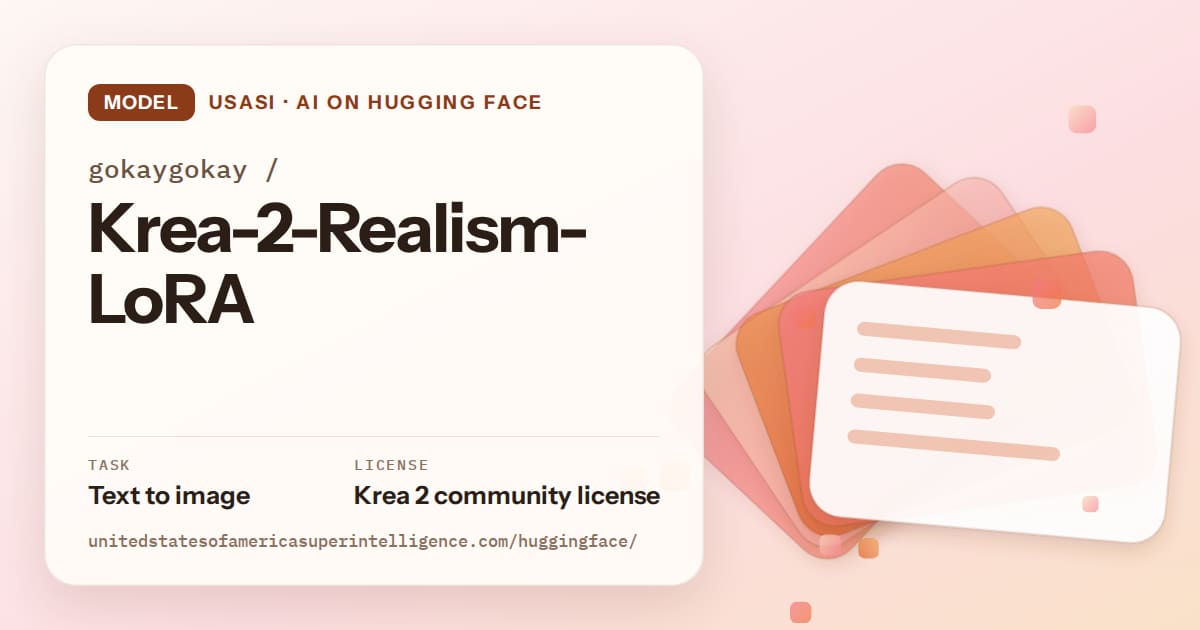 Generated tangerine layered-card artwork for the model gokaygokay/Krea-2-Realism-LoRA, labeled USASI · AI on Hugging Face, with Task: Text to image · License: Krea 2 community license.