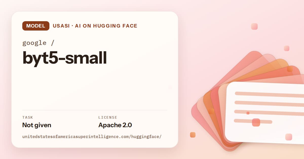 Generated tangerine layered-card artwork for the model google/byt5-small, labeled USASI · AI on Hugging Face, with Task: Not given · License: Apache 2.0.