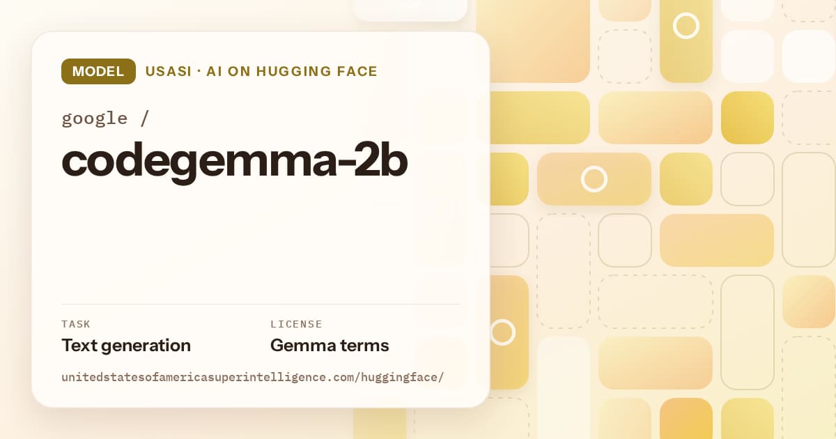 Generated gold tile-mosaic artwork for the model google/codegemma-2b, labeled USASI · AI on Hugging Face, with Task: Text generation · License: Gemma terms.