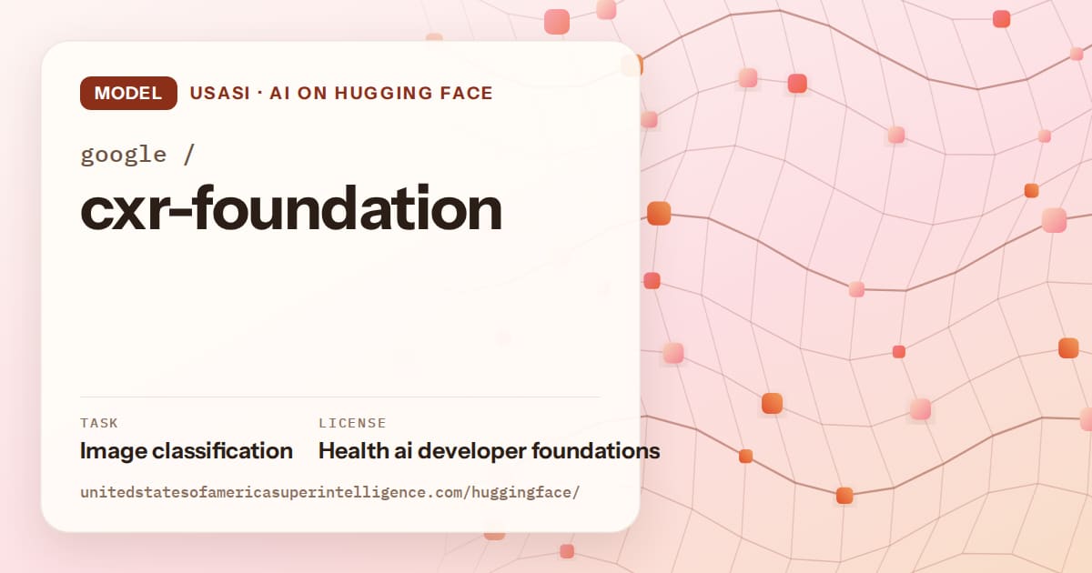 Generated tangerine wave-lattice artwork for the model google/cxr-foundation, labeled USASI · AI on Hugging Face, with Task: Image classification · License: Health ai developer foundations.