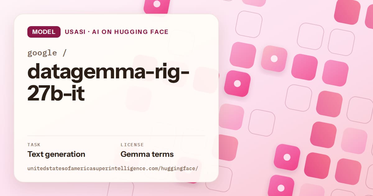 Generated rose rounded-tile grid artwork for the model google/datagemma-rig-27b-it, labeled USASI · AI on Hugging Face, with Task: Text generation · License: Gemma terms.