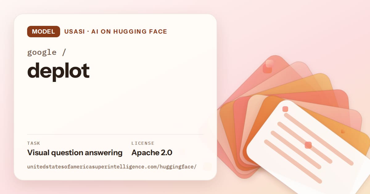 Generated tangerine layered-card artwork for the model google/deplot, labeled USASI · AI on Hugging Face, with Task: Visual question answering · License: Apache 2.0.