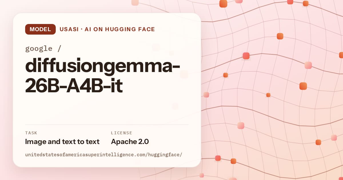 Generated tangerine wave-lattice artwork for the model google/diffusiongemma-26B-A4B-it, labeled USASI · AI on Hugging Face, with Task: Image and text to text · License: Apache 2.0.