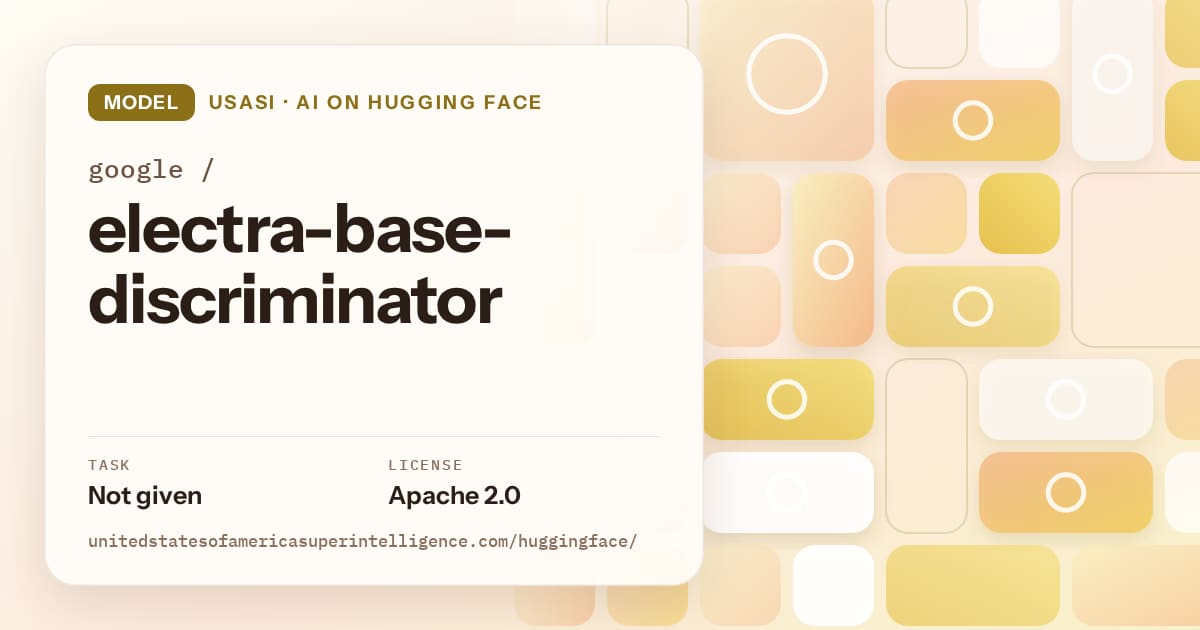 Generated gold tile-mosaic artwork for the model google/electra-base-discriminator, labeled USASI · AI on Hugging Face, with Task: Not given · License: Apache 2.0.