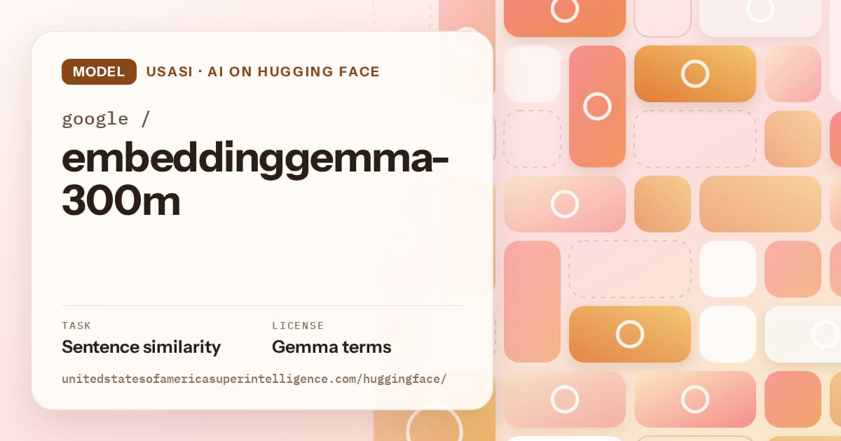 Generated orange tile-mosaic artwork for the model google/embeddinggemma-300m, labeled USASI · AI on Hugging Face, with Task: Sentence similarity · License: Gemma terms.