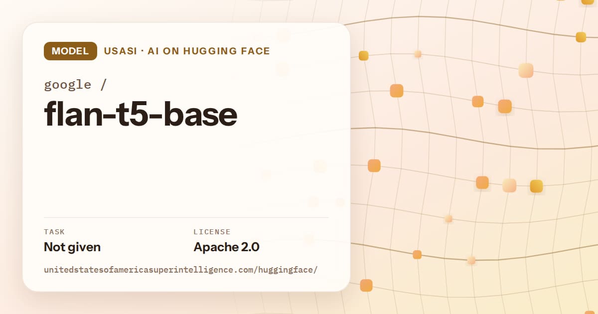 Generated amber wave-lattice artwork for the model google/flan-t5-base, labeled USASI · AI on Hugging Face, with Task: Not given · License: Apache 2.0.