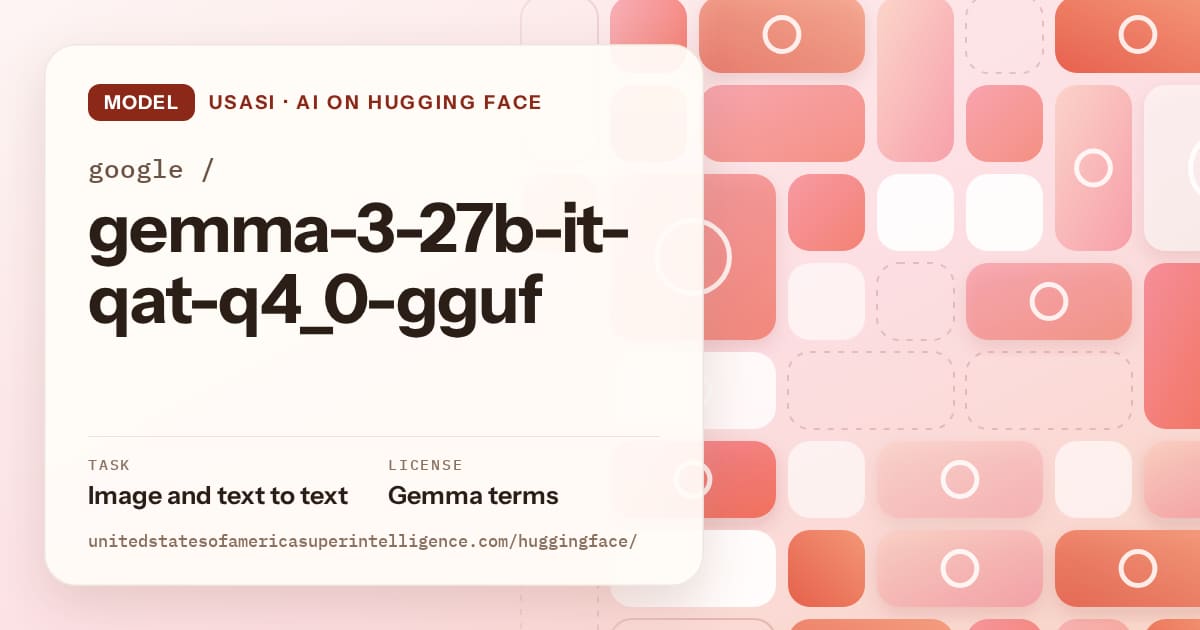 Generated coral tile-mosaic artwork for the model google/gemma-3-27b-it-qat-q4_0-gguf, labeled USASI · AI on Hugging Face, with Task: Image and text to text · License: Gemma terms.