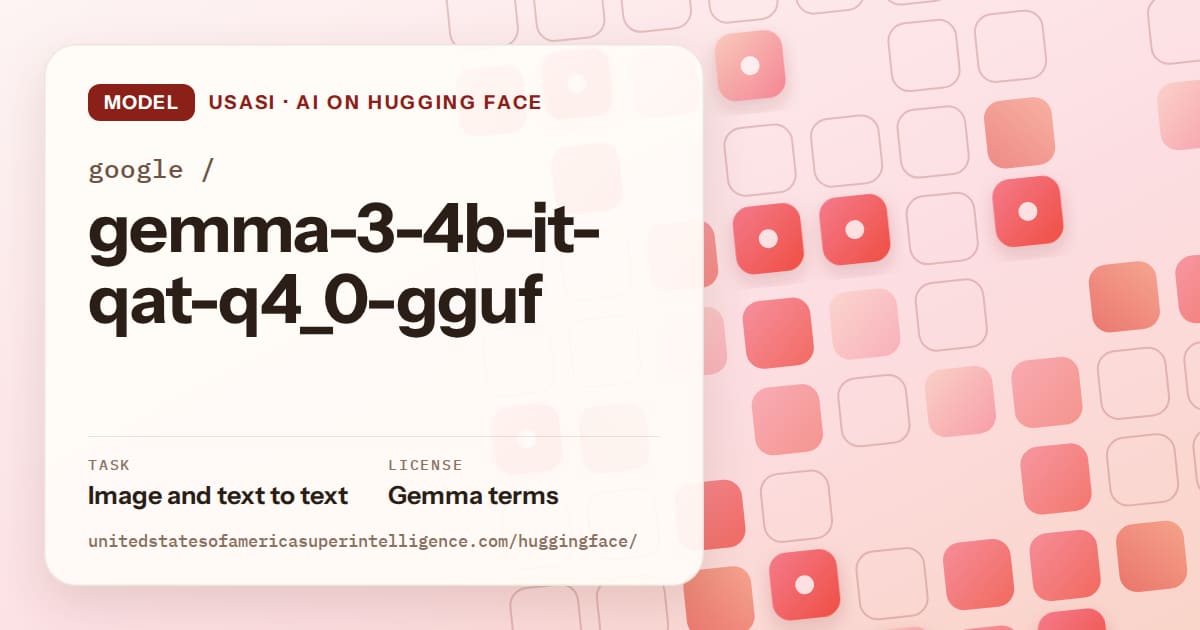 Generated coral rounded-tile grid artwork for the model google/gemma-3-4b-it-qat-q4_0-gguf, labeled USASI · AI on Hugging Face, with Task: Image and text to text · License: Gemma terms.