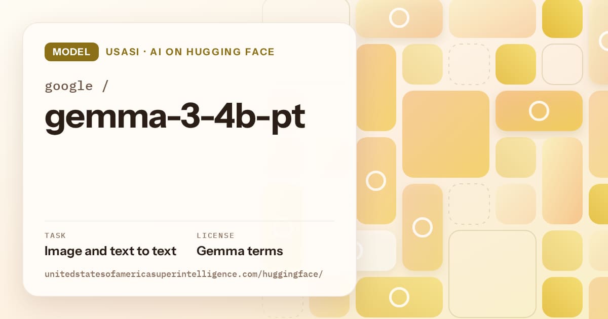 Generated gold tile-mosaic artwork for the model google/gemma-3-4b-pt, labeled USASI · AI on Hugging Face, with Task: Image and text to text · License: Gemma terms.