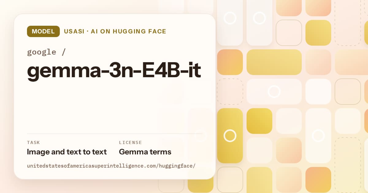 Generated gold tile-mosaic artwork for the model google/gemma-3n-E4B-it, labeled USASI · AI on Hugging Face, with Task: Image and text to text · License: Gemma terms.