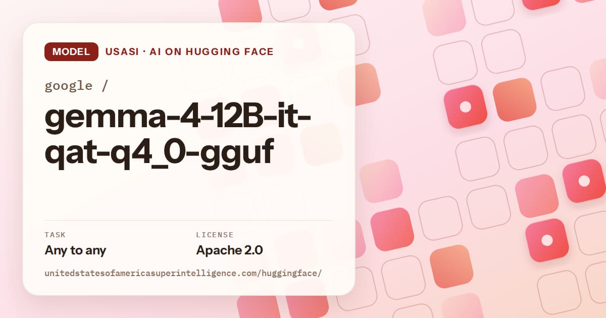 Generated coral rounded-tile grid artwork for the model google/gemma-4-12B-it-qat-q4_0-gguf, labeled USASI · AI on Hugging Face, with Task: Any to any · License: Apache 2.0.