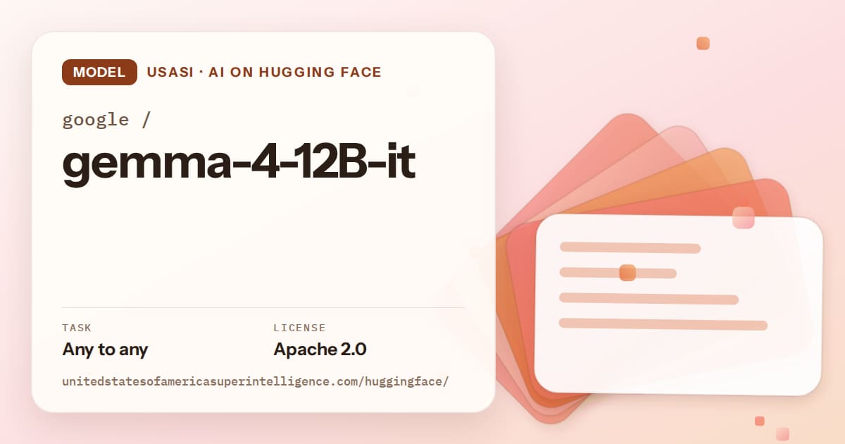 Generated tangerine layered-card artwork for the model google/gemma-4-12B-it, labeled USASI · AI on Hugging Face, with Task: Any to any · License: Apache 2.0.