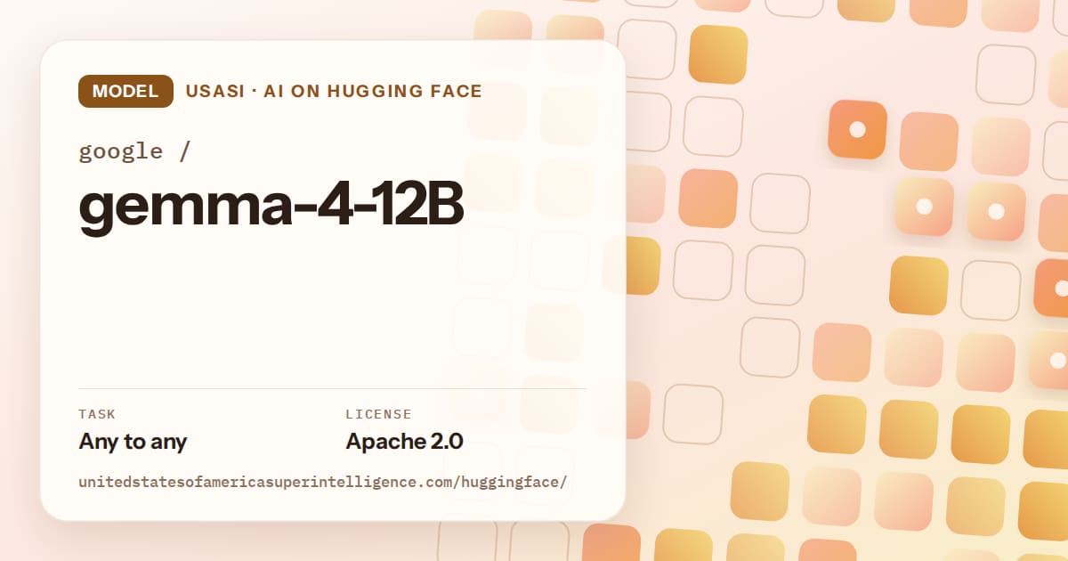 Generated orange rounded-tile grid artwork for the model google/gemma-4-12B, labeled USASI · AI on Hugging Face, with Task: Any to any · License: Apache 2.0.