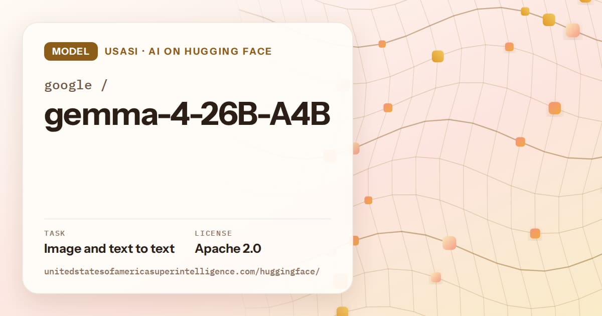 Generated amber wave-lattice artwork for the model google/gemma-4-26B-A4B, labeled USASI · AI on Hugging Face, with Task: Image and text to text · License: Apache 2.0.