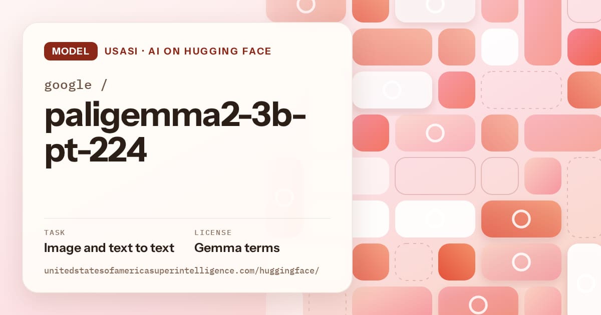 Generated coral tile-mosaic artwork for the model google/paligemma2-3b-pt-224, labeled USASI · AI on Hugging Face, with Task: Image and text to text · License: Gemma terms.
