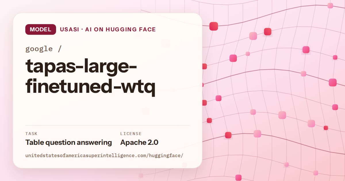 Generated rose wave-lattice artwork for the model google/tapas-large-finetuned-wtq, labeled USASI · AI on Hugging Face, with Task: Table question answering · License: Apache 2.0.