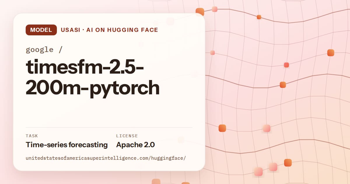 Generated tangerine wave-lattice artwork for the model google/timesfm-2.5-200m-pytorch, labeled USASI · AI on Hugging Face, with Task: Time-series forecasting · License: Apache 2.0.