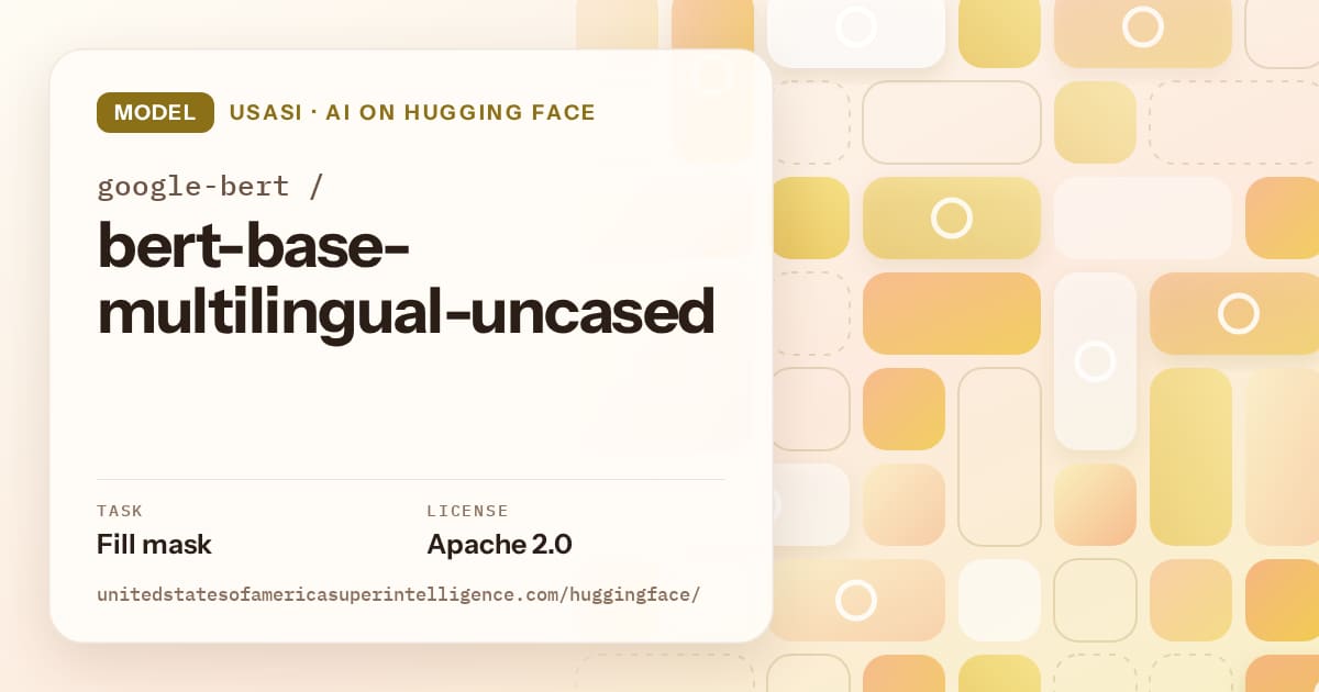 Generated gold tile-mosaic artwork for the model google-bert/bert-base-multilingual-uncased, labeled USASI · AI on Hugging Face, with Task: Fill mask · License: Apache 2.0.