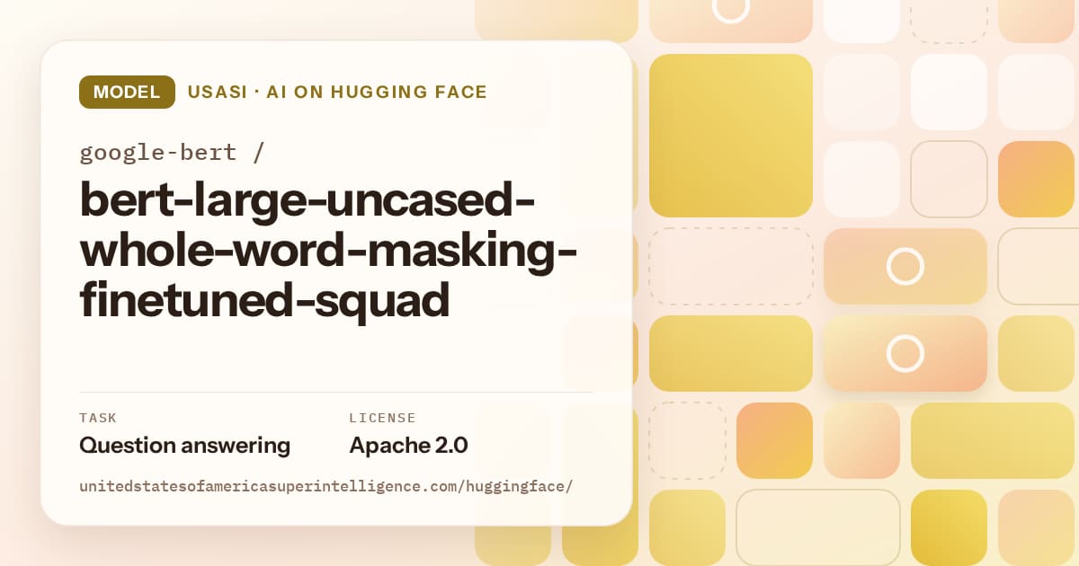 Generated gold tile-mosaic artwork for the model google-bert/bert-large-uncased-whole-word-masking-finetuned-squad, labeled USASI · AI on Hugging Face, with Task: Question answering · License: Apache 2.0.