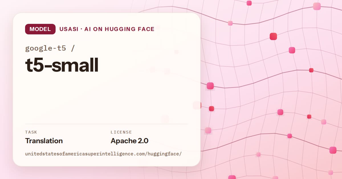 Generated rose wave-lattice artwork for the model google-t5/t5-small, labeled USASI · AI on Hugging Face, with Task: Translation · License: Apache 2.0.