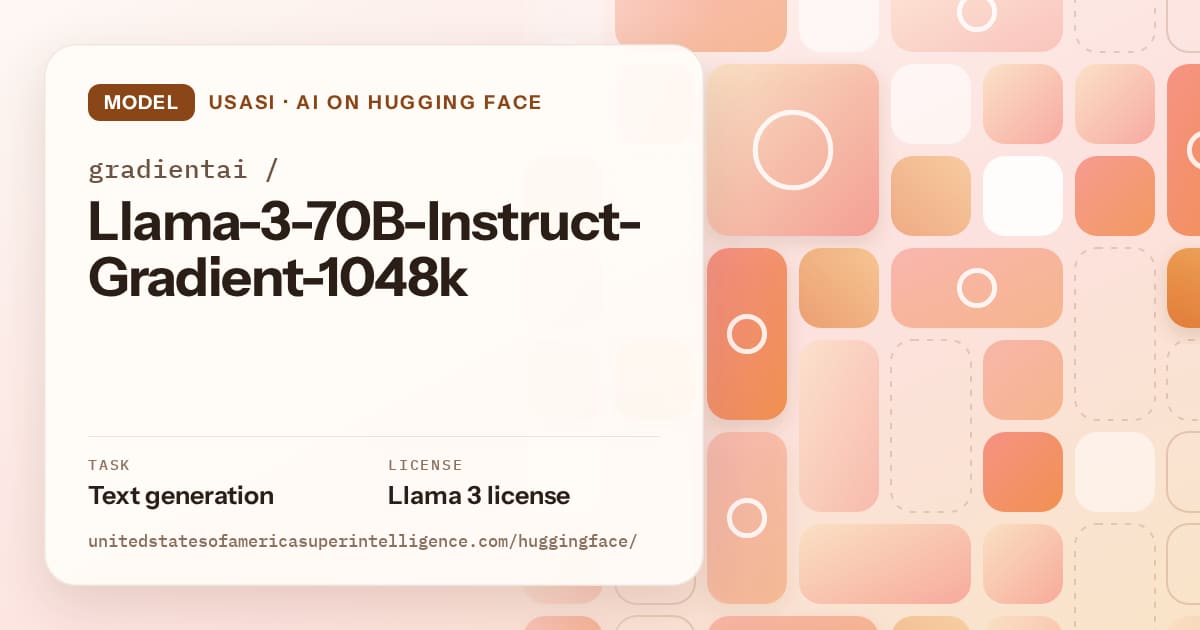 Generated orange tile-mosaic artwork for the model gradientai/Llama-3-70B-Instruct-Gradient-1048k, labeled USASI · AI on Hugging Face, with Task: Text generation · License: Llama 3 license.