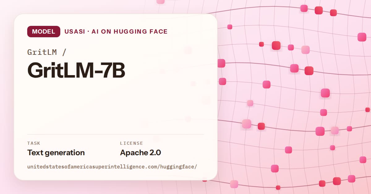 Generated rose wave-lattice artwork for the model GritLM/GritLM-7B, labeled USASI · AI on Hugging Face, with Task: Text generation · License: Apache 2.0.