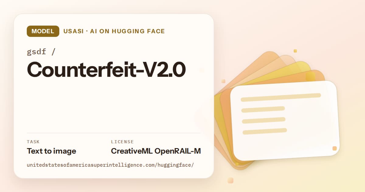 Generated amber layered-card artwork for the model gsdf/Counterfeit-V2.0, labeled USASI · AI on Hugging Face, with Task: Text to image · License: CreativeML OpenRAIL-M.