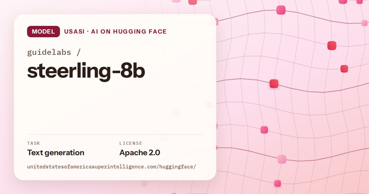 Generated rose wave-lattice artwork for the model guidelabs/steerling-8b, labeled USASI · AI on Hugging Face, with Task: Text generation · License: Apache 2.0.