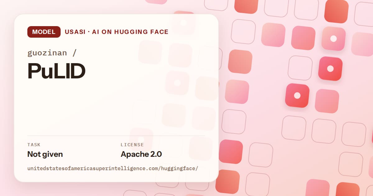 Generated coral rounded-tile grid artwork for the model guozinan/PuLID, labeled USASI · AI on Hugging Face, with Task: Not given · License: Apache 2.0.