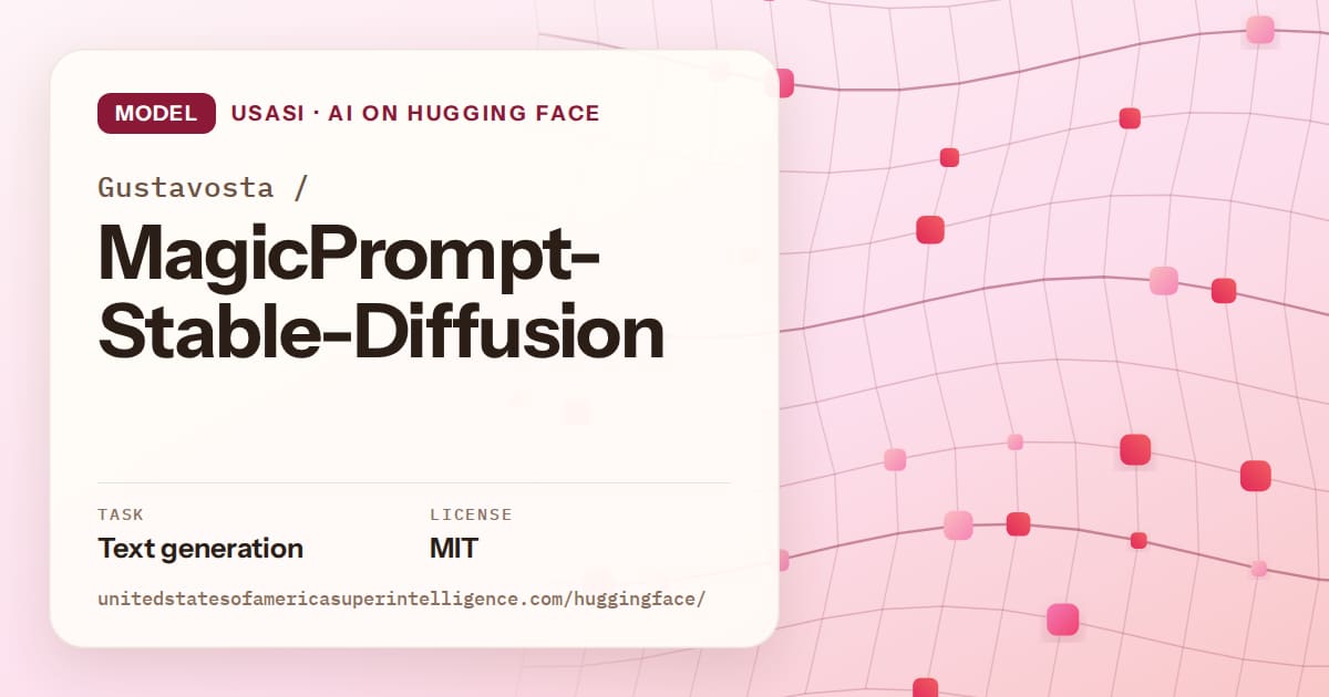 Generated rose wave-lattice artwork for the model Gustavosta/MagicPrompt-Stable-Diffusion, labeled USASI · AI on Hugging Face, with Task: Text generation · License: MIT.