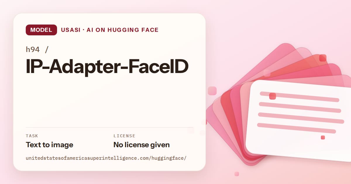 Generated coral layered-card artwork for the model h94/IP-Adapter-FaceID, labeled USASI · AI on Hugging Face, with Task: Text to image · License: No license given.