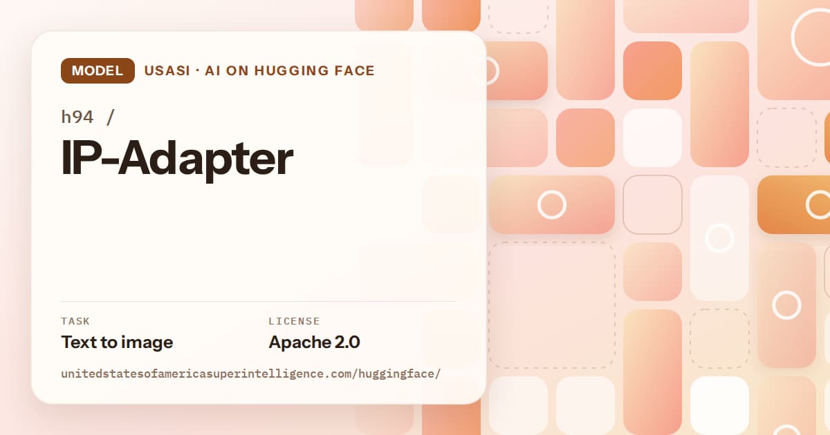 Generated orange tile-mosaic artwork for the model h94/IP-Adapter, labeled USASI · AI on Hugging Face, with Task: Text to image · License: Apache 2.0.