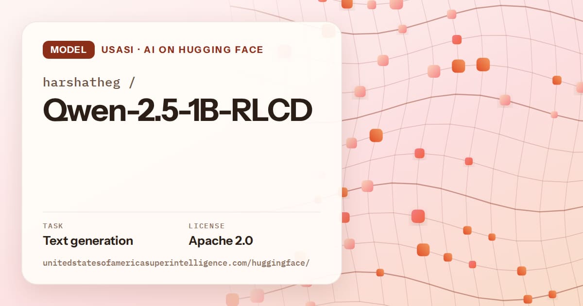 Generated tangerine wave-lattice artwork for the model harshatheg/Qwen-2.5-1B-RLCD, labeled USASI · AI on Hugging Face, with Task: Text generation · License: Apache 2.0.