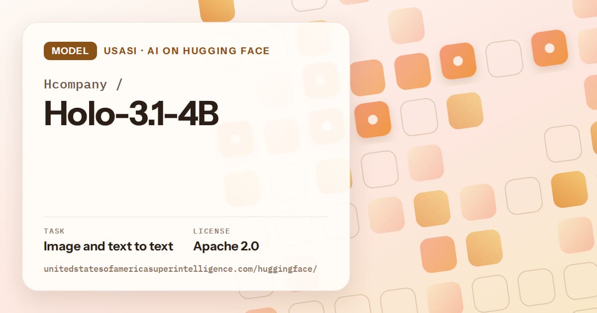 Generated orange rounded-tile grid artwork for the model Hcompany/Holo-3.1-4B, labeled USASI · AI on Hugging Face, with Task: Image and text to text · License: Apache 2.0.