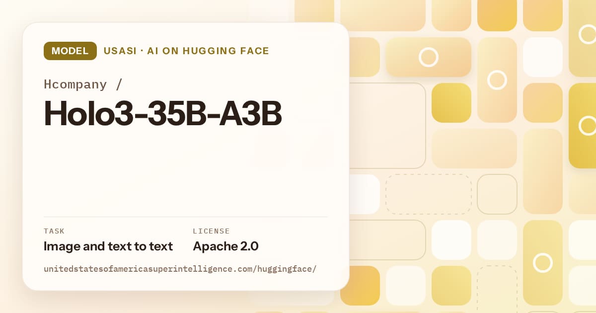 Generated gold tile-mosaic artwork for the model Hcompany/Holo3-35B-A3B, labeled USASI · AI on Hugging Face, with Task: Image and text to text · License: Apache 2.0.