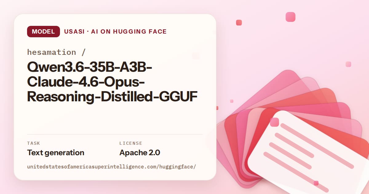 Generated coral layered-card artwork for the model hesamation/Qwen3.6-35B-A3B-Claude-4.6-Opus-Reasoning-Distilled-GGUF, labeled USASI · AI on Hugging Face, with Task: Text generation · License: Apache 2.0.