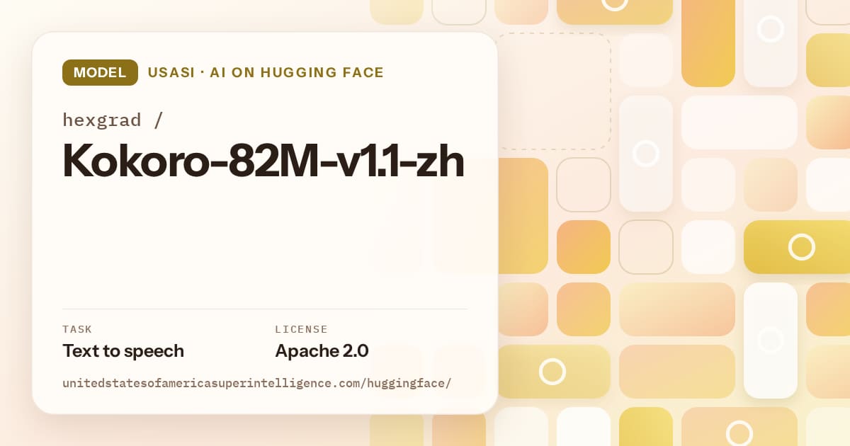 Generated gold tile-mosaic artwork for the model hexgrad/Kokoro-82M-v1.1-zh, labeled USASI · AI on Hugging Face, with Task: Text to speech · License: Apache 2.0.