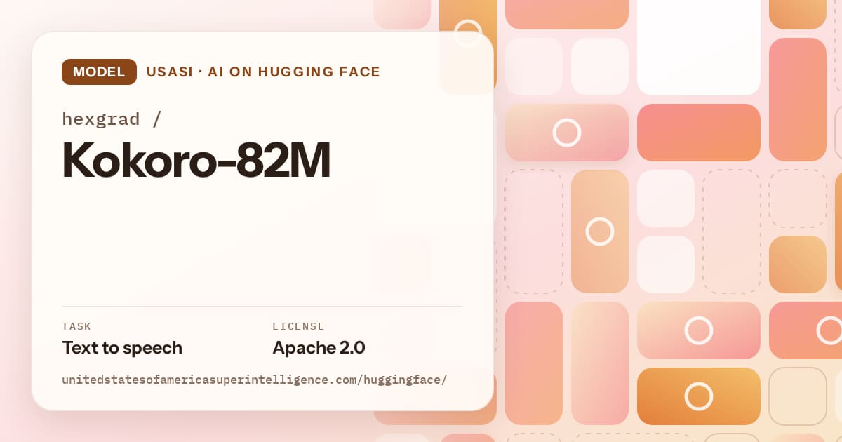 Generated orange tile-mosaic artwork for the model hexgrad/Kokoro-82M, labeled USASI · AI on Hugging Face, with Task: Text to speech · License: Apache 2.0.
