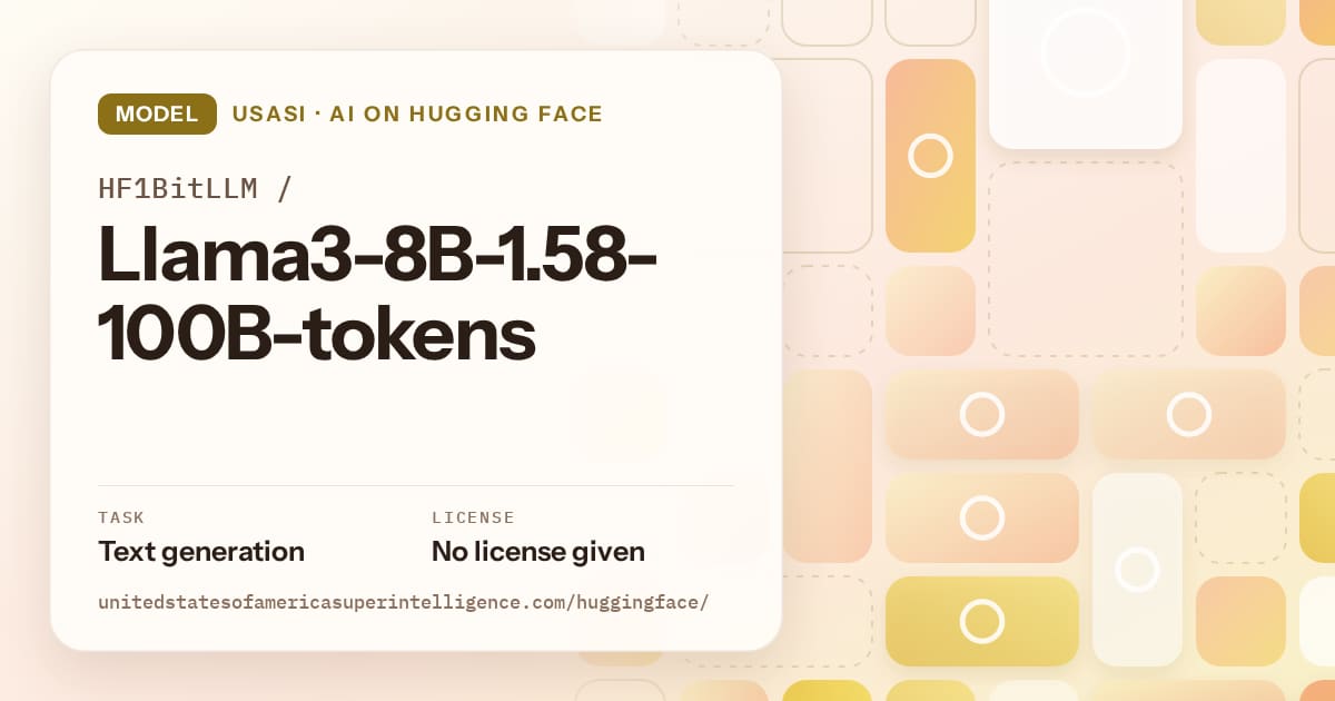 Generated gold tile-mosaic artwork for the model HF1BitLLM/Llama3-8B-1.58-100B-tokens, labeled USASI · AI on Hugging Face, with Task: Text generation · License: No license given.