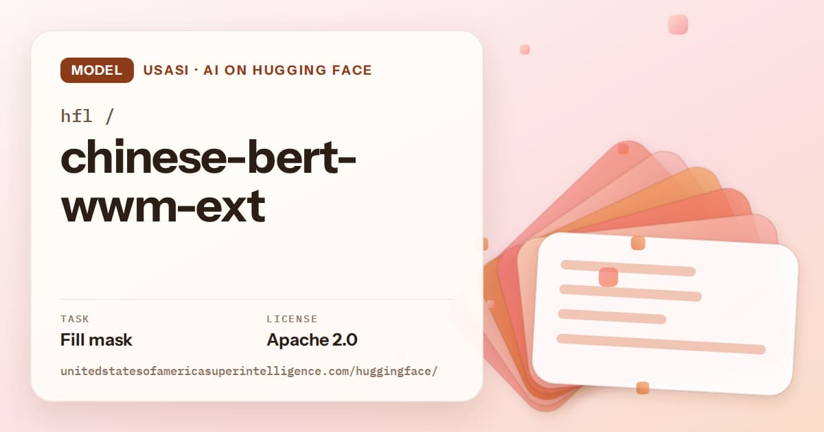 Generated tangerine layered-card artwork for the model hfl/chinese-bert-wwm-ext, labeled USASI · AI on Hugging Face, with Task: Fill mask · License: Apache 2.0.
