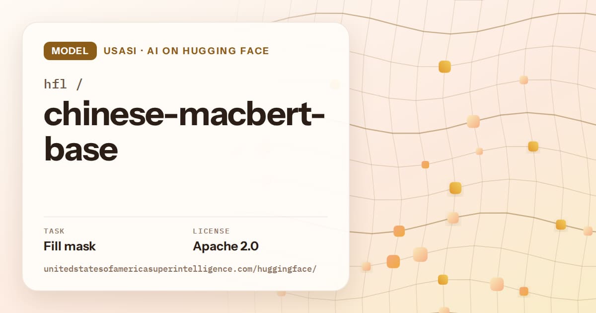 Generated amber wave-lattice artwork for the model hfl/chinese-macbert-base, labeled USASI · AI on Hugging Face, with Task: Fill mask · License: Apache 2.0.