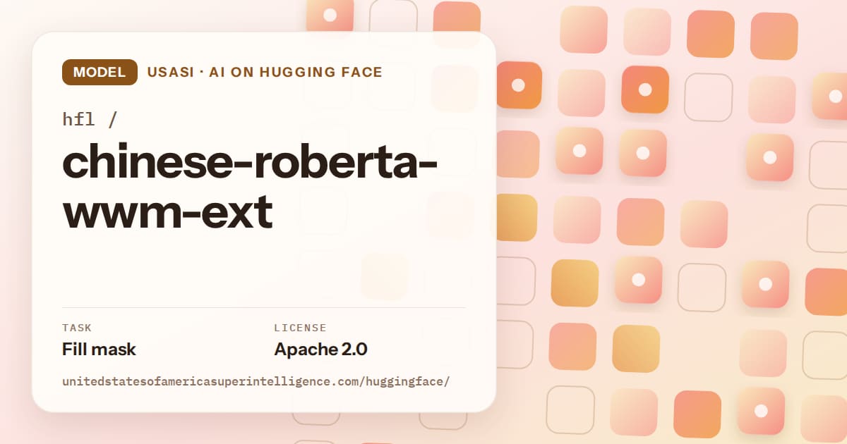 Generated orange rounded-tile grid artwork for the model hfl/chinese-roberta-wwm-ext, labeled USASI · AI on Hugging Face, with Task: Fill mask · License: Apache 2.0.