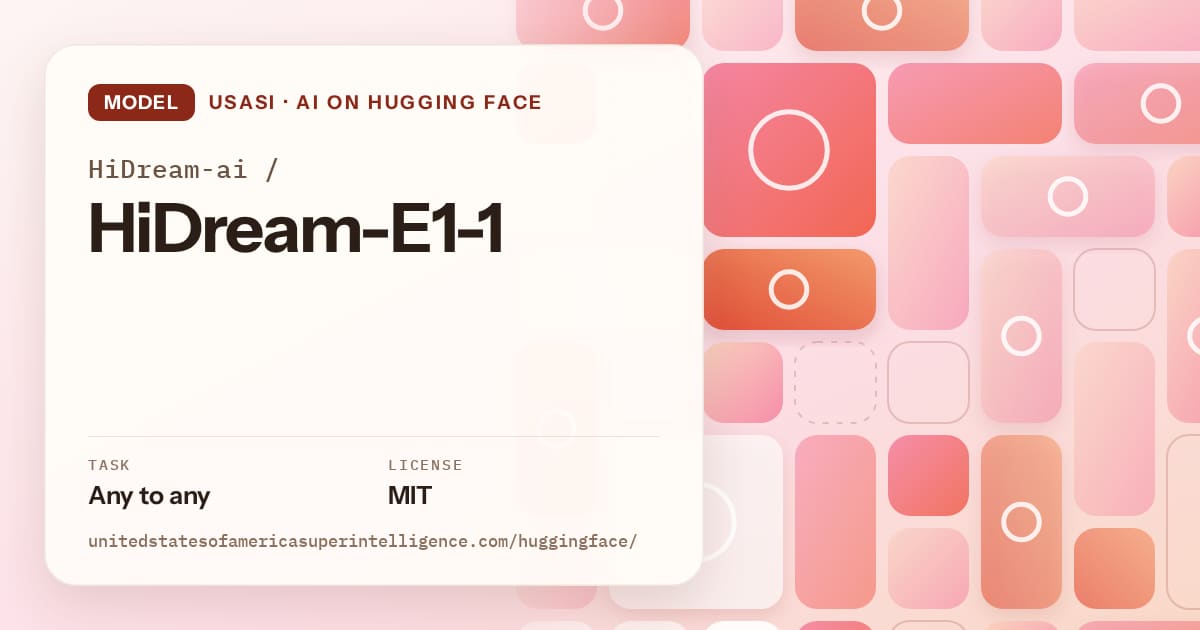 Generated coral tile-mosaic artwork for the model HiDream-ai/HiDream-E1-1, labeled USASI · AI on Hugging Face, with Task: Any to any · License: MIT.