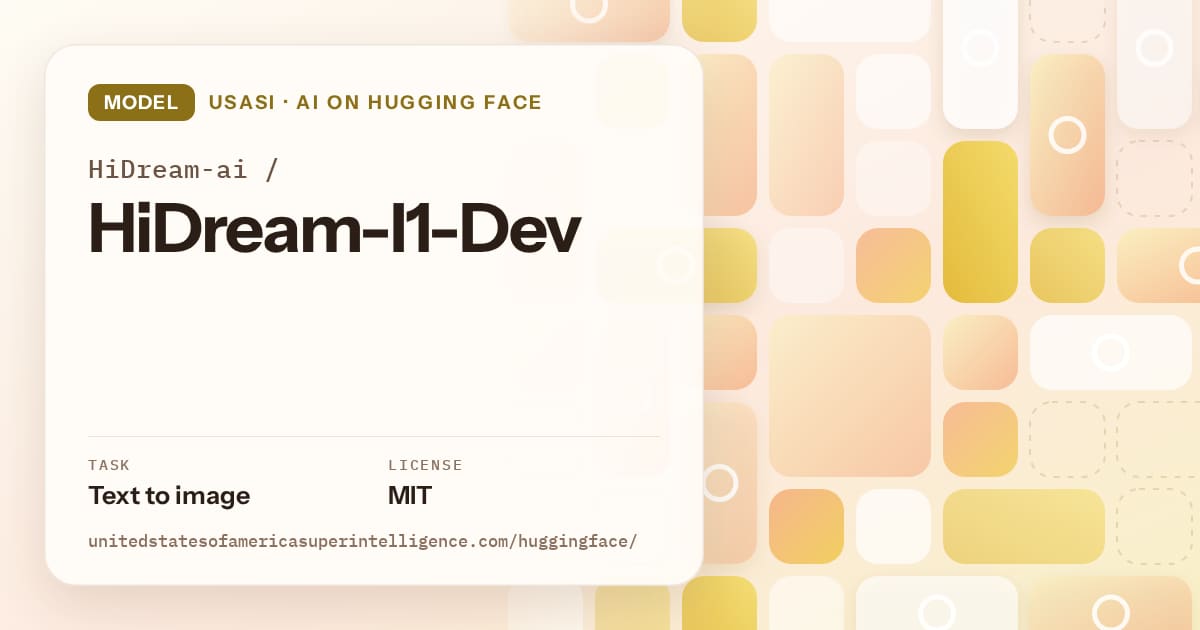 Generated gold tile-mosaic artwork for the model HiDream-ai/HiDream-I1-Dev, labeled USASI · AI on Hugging Face, with Task: Text to image · License: MIT.